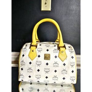 Authentic MCM Visetos Boston Bag White Yellow